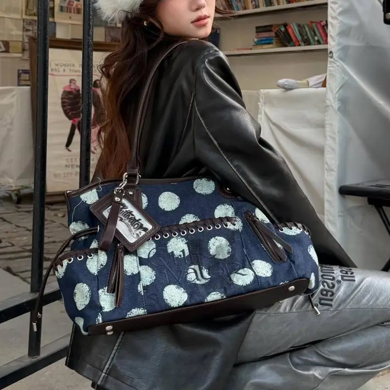 Vintage Original Denim Canvas Polka Dot Square Women's Bag Horizontal Square Large Capacity Single Shoulder Crossbody Bag Trendy