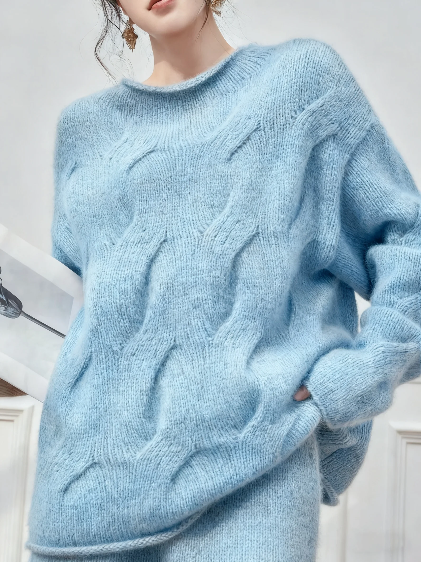 

Blue Knitted Knit Base Shirt Sweater Halter Skirt Set Women's Korean Style Winter Fashion High Waist Pear Shape Casual Loose Fit