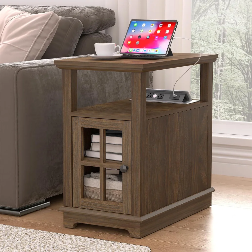 

Narrow End Table with Flip Top Charging Station, Side Table Living Room, Adjustable Shelf & Power outlets, Bedside Table