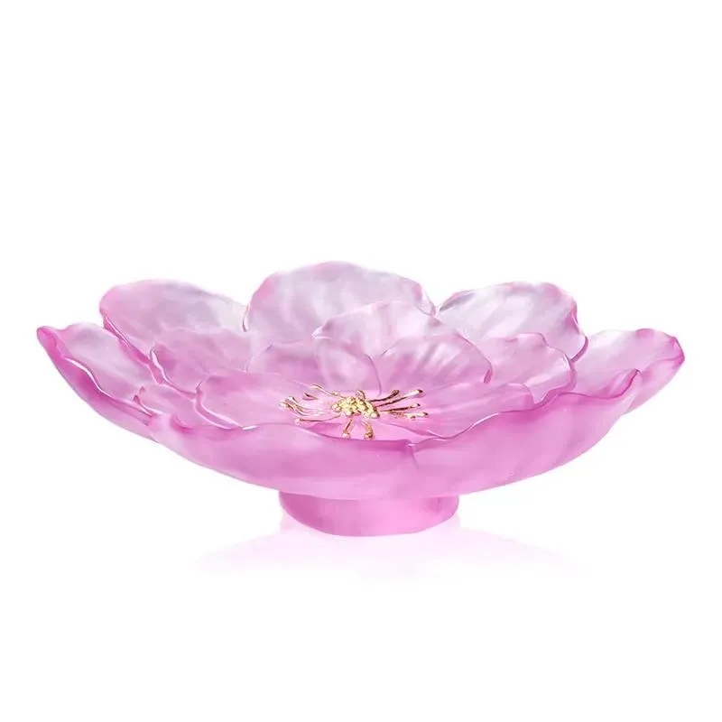 Practical home tableware crystal relief engraving laser printing decoration peony fruit plate bouquet elegant decoration