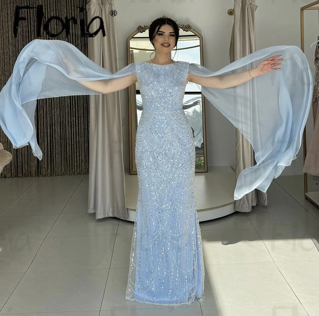 Elegant Long Cape Sleeve Sky Blue Evening Dress O Neck Beaded Sheath Dress For Wedding Party Fashion Host Dress Dubai Custom