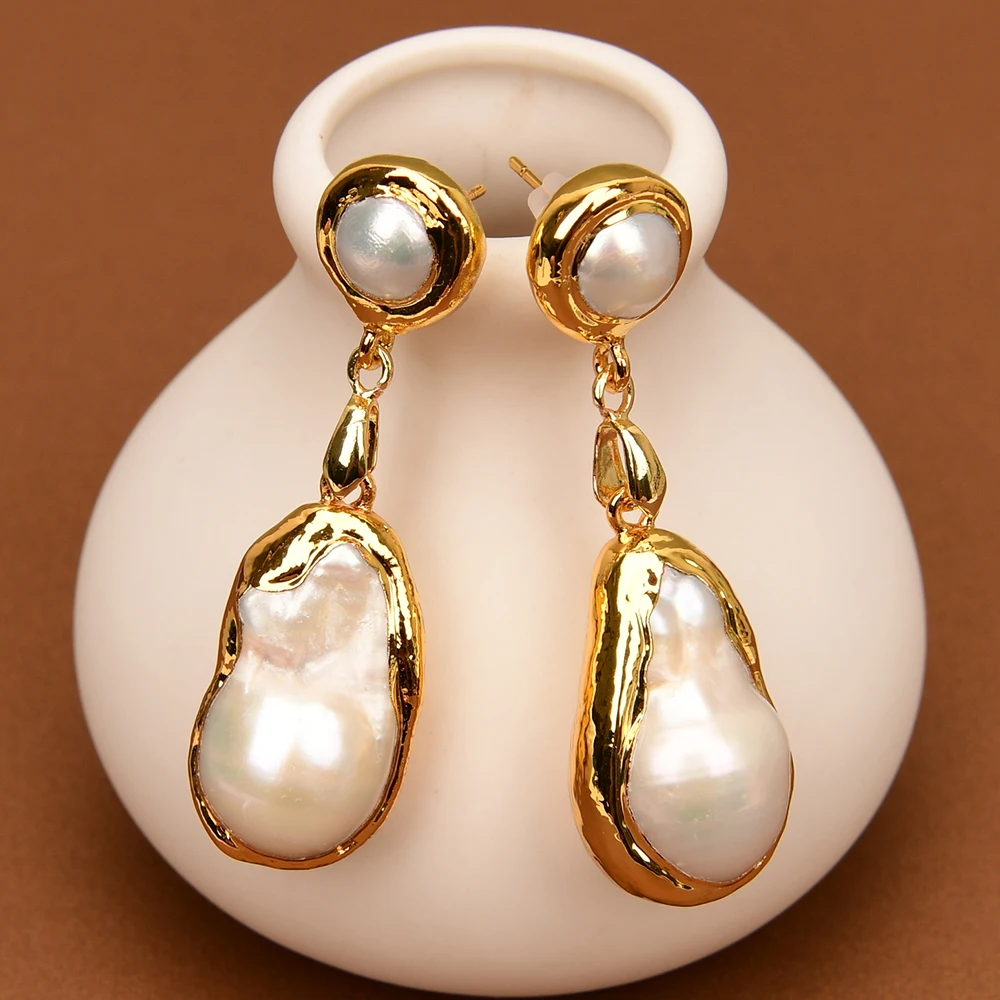 

G-G Real White Keshi Pearl Gold color Plated Stud Earrings Nucleated Flameball Baroque Pearl earrings luxury wedding for women