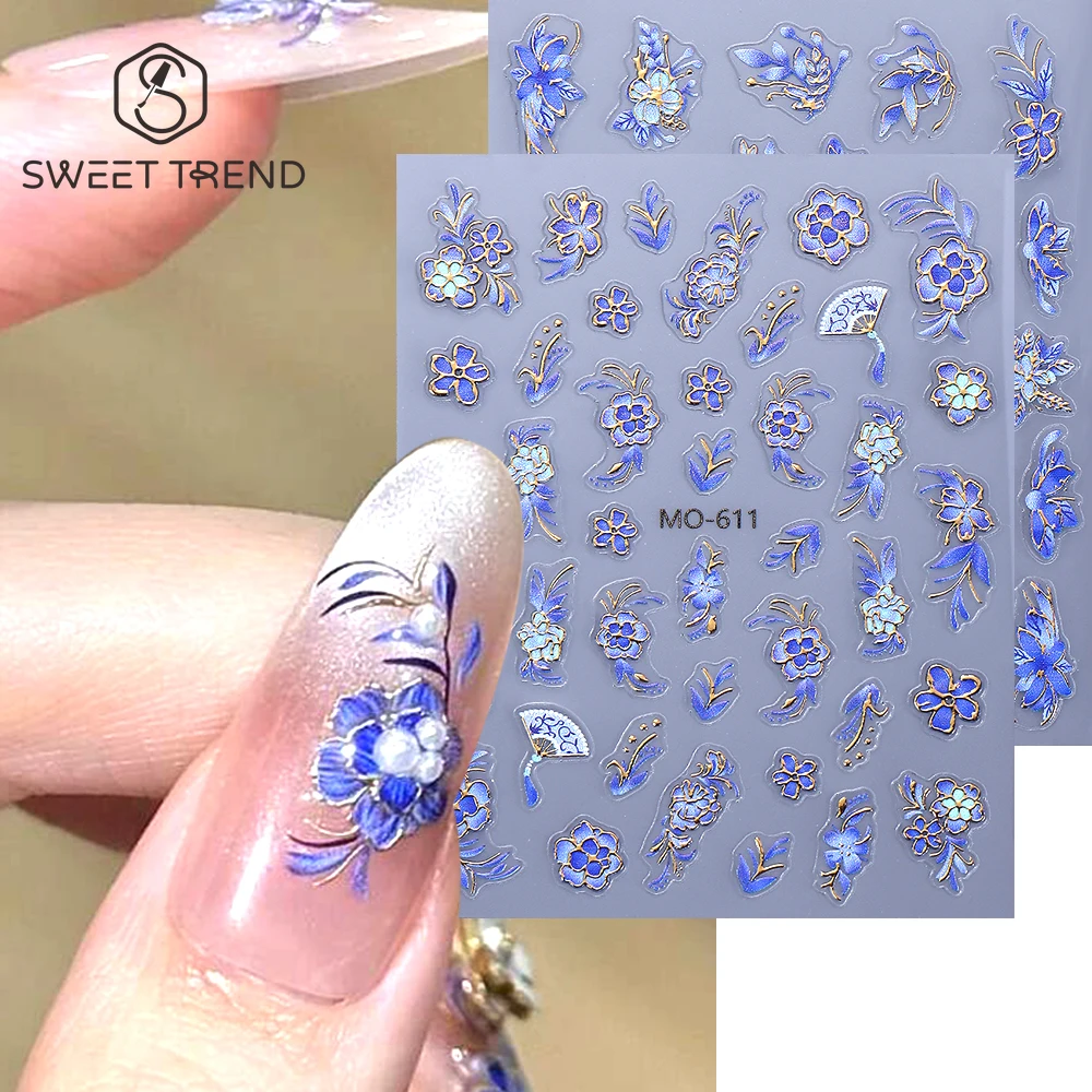 SWEET TREND-1/2pcs 5D Embossed Flower Nail Art Stickers Gold Line Blue Petal Nail Slider Decal Manicure Decorations Accessories