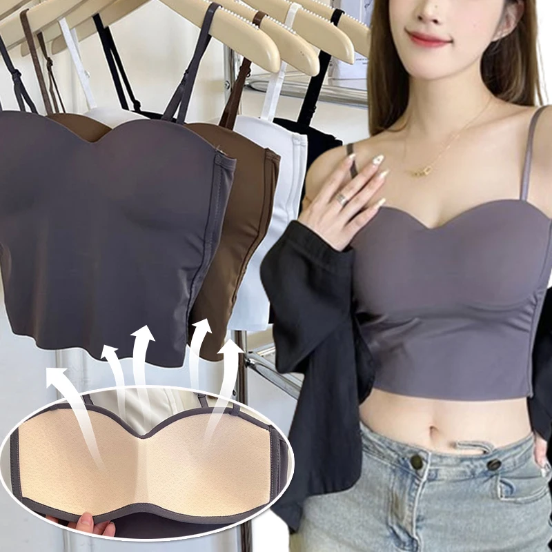 Women Crop Tops Sexy Solid Color Camisole Ice Silk Tube Top Seamless Sports Tank Top Wireless Underwear Padded Bra Bralette Vest