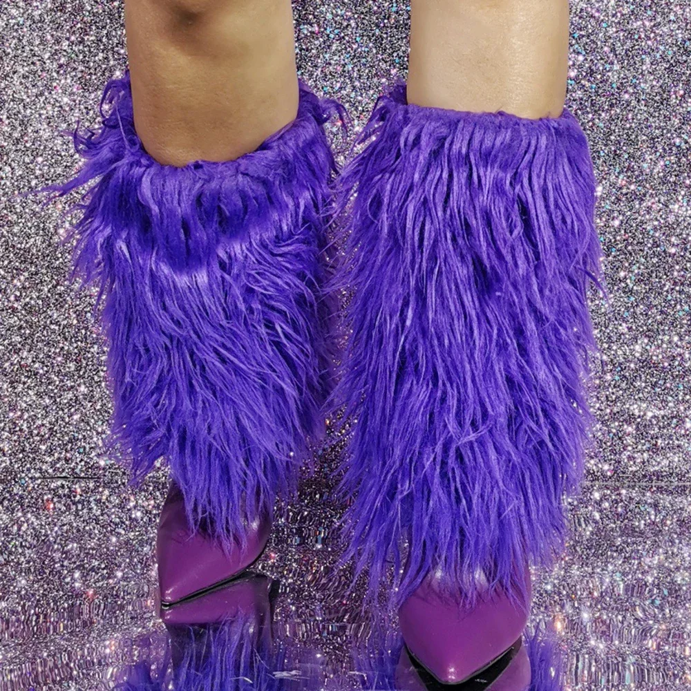 Big Size 47 Purple Thick Fur Overlay Short Booties Slim Heels Half Knee High Boots Women Pointed Toe Folded Over Furry Shoes