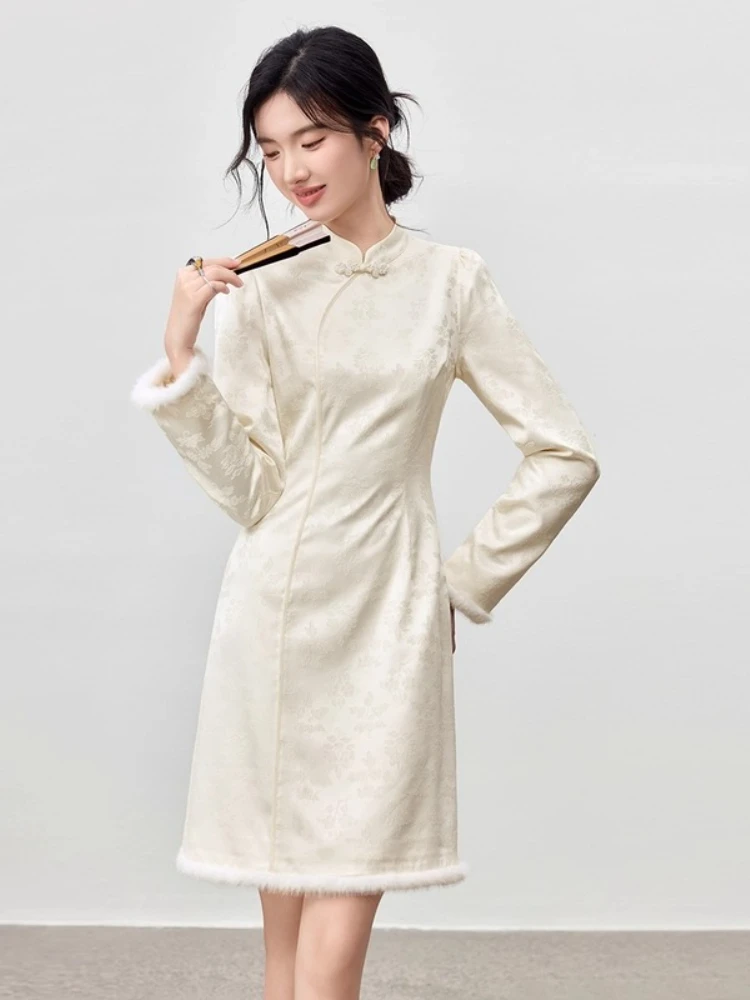 

SENTUBILA Elegant Chinese Women Dresses 2025 Autumn Winter Stand Collar Jacquard Dress Long Sleeve Short Dress Female 154LB3666