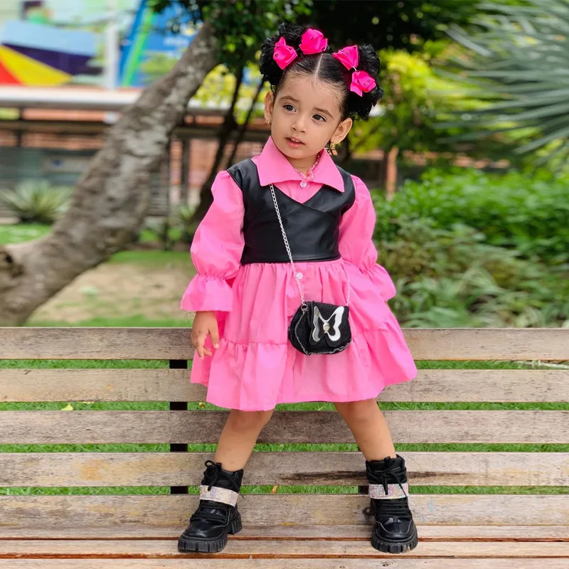 

New 2024 Kids Clothes Sets Girls Solid Lapel Long Sleeve Pleated A-line Shirt Dress + Leather Vest Children's Casual Clothing