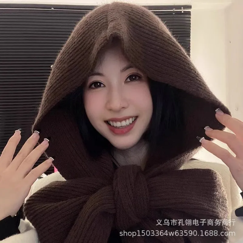 قبعة وشاح شتوية دافئة قطعة واحدة للنساء شريطية محبوكة بغطاء للرأس شال كيب أنيق ملابس خارجية للرقبة #2