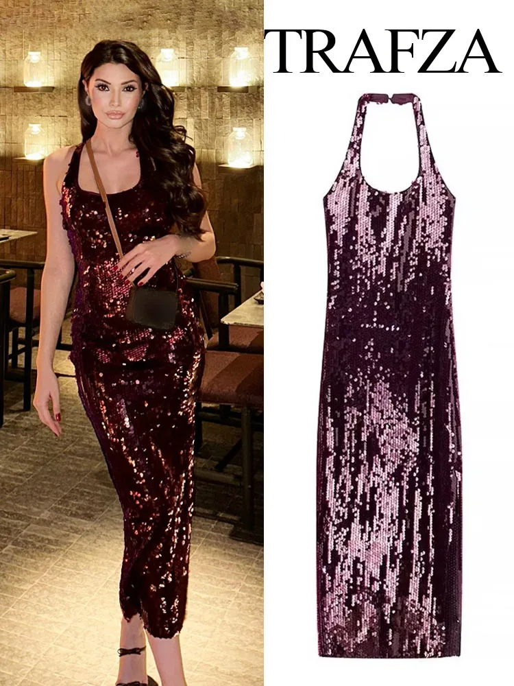 

Женское платье с блестками и открытой спиной, средней длины