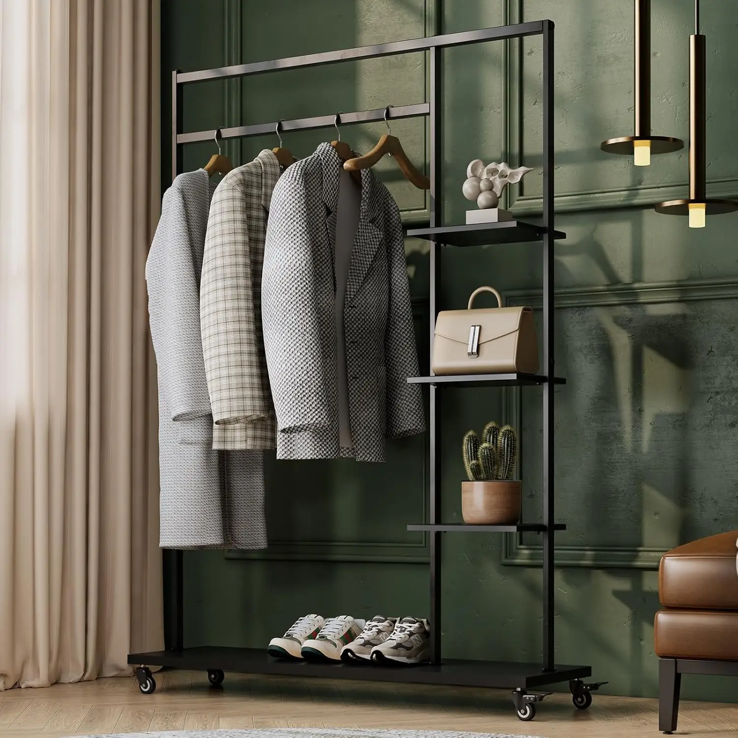 

Clothing rack with shelves,Heavy Duty clothes rack with wheels,Rolling Garment Rack for hanging clothes with 4 flank Shelves,Met