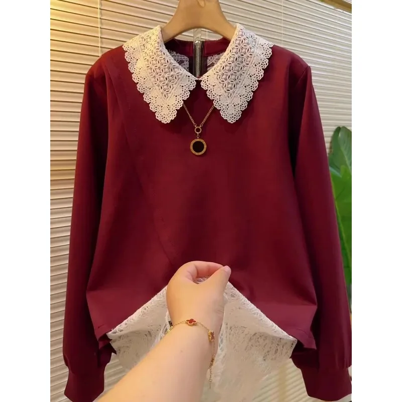 

Autumn and Winter Red Spliced lace Fake Two-piece Loose Long-sleeved Pullover Sweatshirt Top