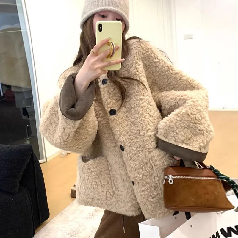 French Style Warm Lamb Wool Coats Women Winter Clothes Korean Chic Round Neck Casual Solid Color Lamb Fur Jacket Women Tops