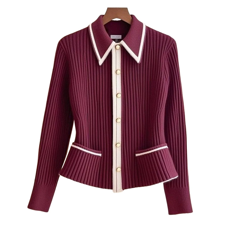 Autumn Winter High End Contrasting Wool Sweater Women Design Sense Wine Red Knit Cardigan Slim Polo Neck Soft Knitwear Chic 062H