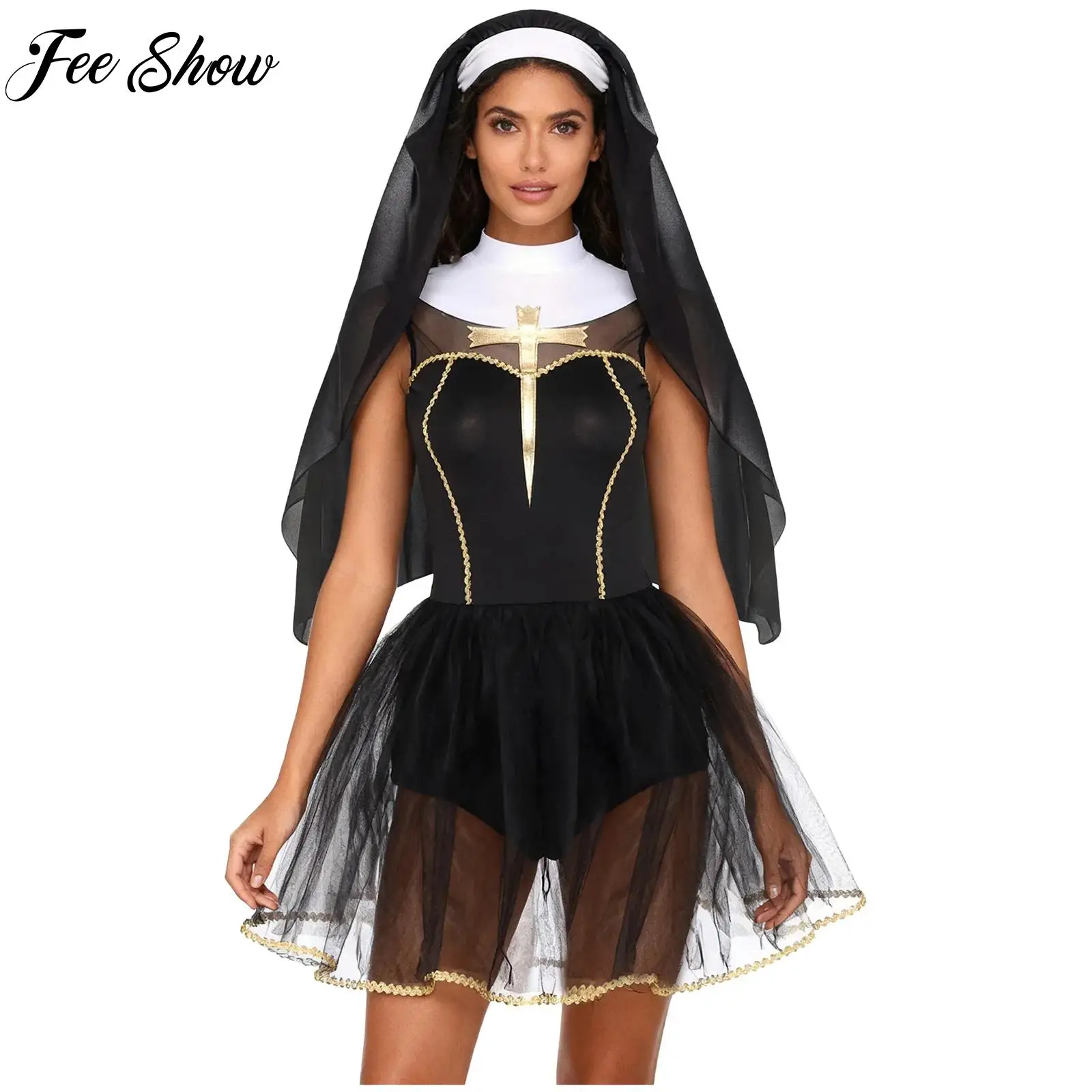 

Women Halloween Nun Cosplay Costume 2-layer Tulle Hem Built-in Briefs Dress+Wimple Hood Set for Sister Clergy Dress-up Party