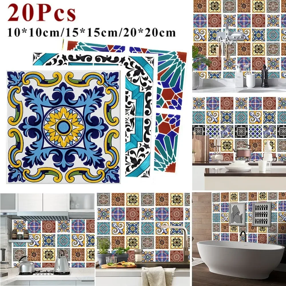 20pcs Retro Pattern Matte Tiles Sticker Transfers Covers For Kitchen Bathroom Tables Floor Hard-wearing Art Wall Decals