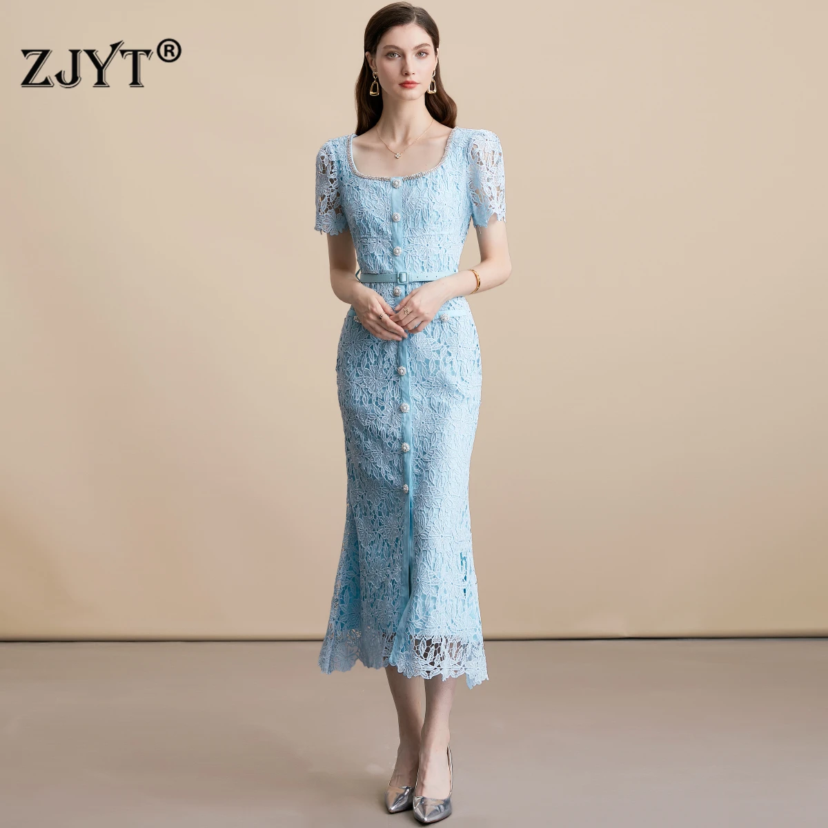 

ZJYT подиумное модное кружевное платье миди с короткими рукавами и русалкой, синее женское дизайнерское платье с квадратным воротником и бисером, элегантные праздничные вечерние платья