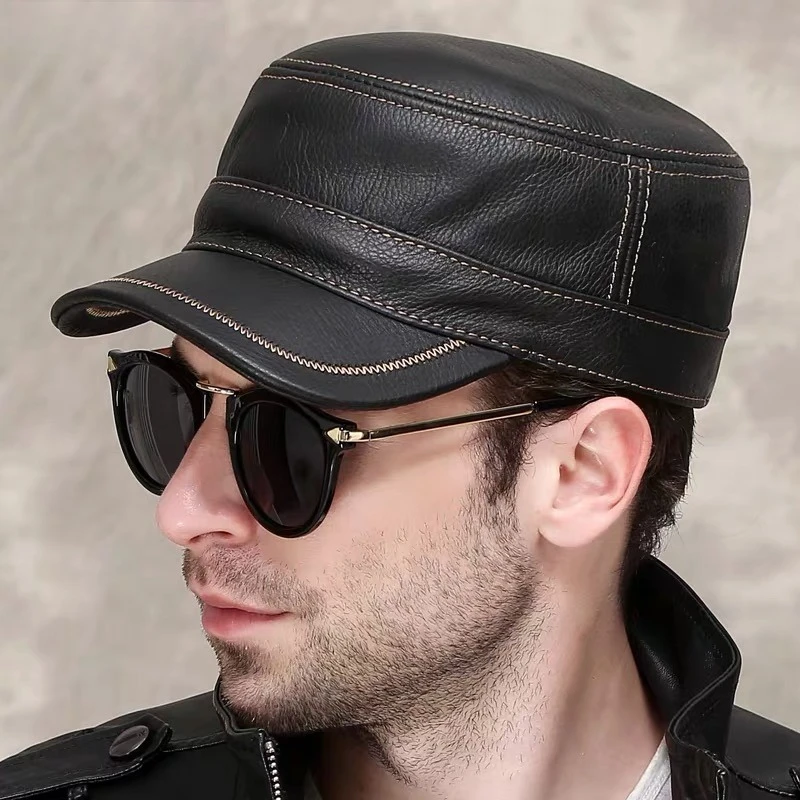2026 Cap for Middle Aged and Old PeopleWinter Genuine Leather Patchwork Baseball Caps for Men Golf Peaked Dome Hats Male Letters