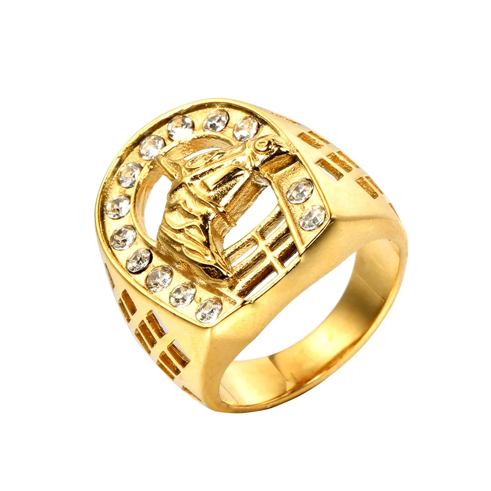 

Hip Hop Iced Out Animal Horse Head Ring Male Gold Color Stinless Steel Horseshoe Rings For Men Fashion Party Jewelry Gift 2025