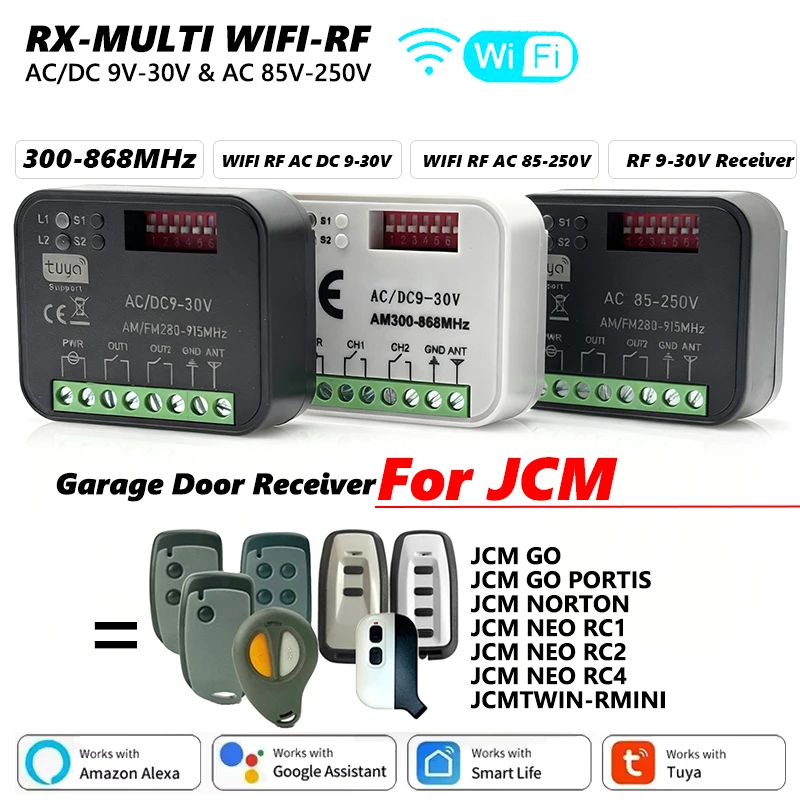 

For JCM GO PORTIS NORTON NEO RC1 RC2 RC4 TWIN-R MINI Garage Door Remote Control RX MULTI Tuya 300-868MHz WIFI Receiver