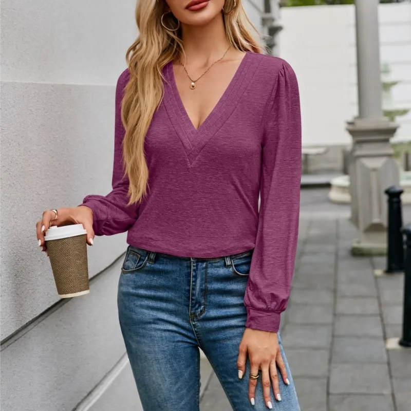 2024 Autumn and winter new multi-level V-neck solid color long sleeved T-shirt women's top