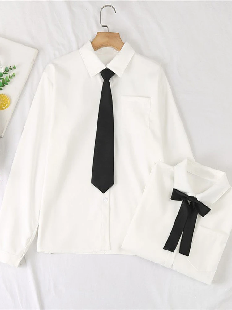 JMPRS JK White Women Shirts School Long Sleeve Preppy Style Girls Button Up Shirts Fashion Harajuku Necktie Designed Ladies Tops