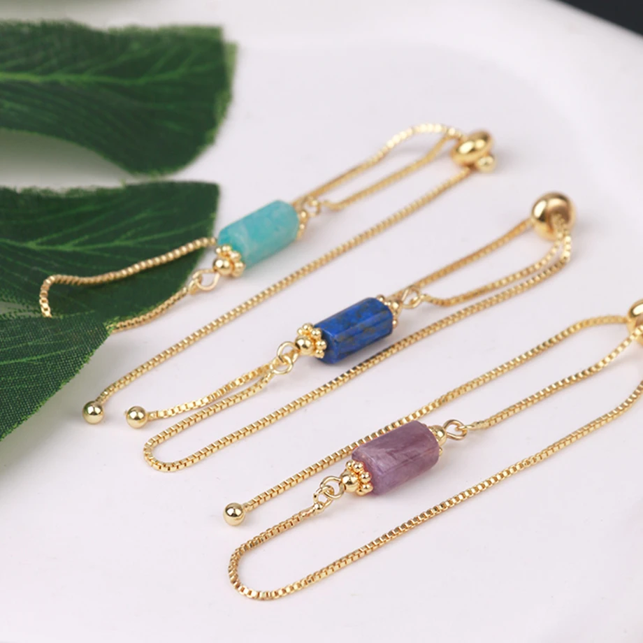 CSJA Natural Stone Crystals Bracelet Stainless Steel Bracelets for Women Nugget Gemstone Bead Gold Color Adjustable Jewelry H128