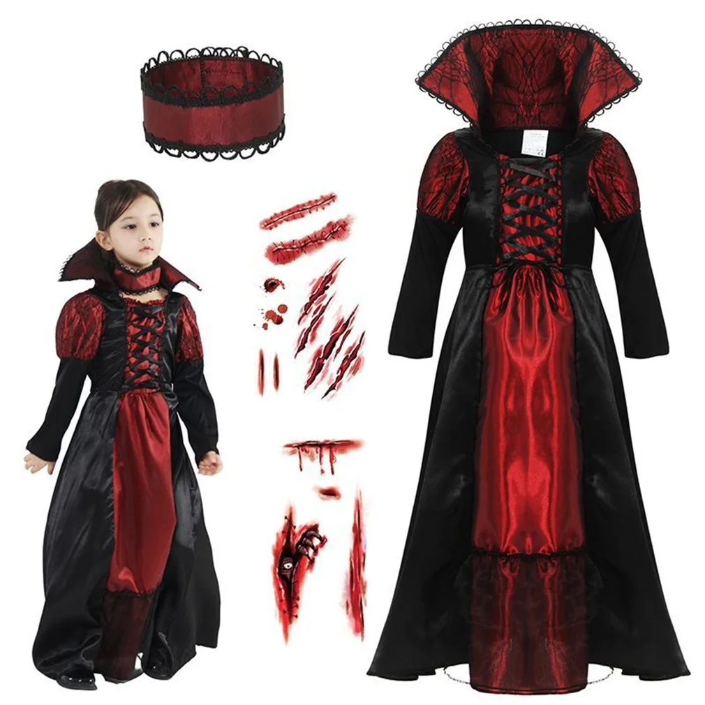 

Halloween Fantasy Children's Costumes Ghost Bride Gothic Cosplay Girls Red Vampire Day of The Dead Kids Witch Costumes for Girls