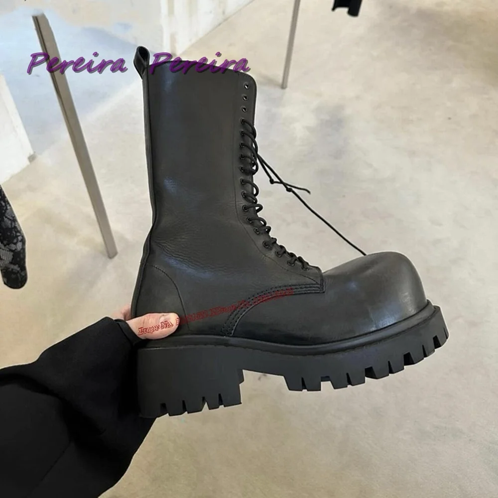 Hot Sale Leather Boots Lace Up Big Round Toe British Style Height Increasing Square Heel Solid Winter Mid-Calf Shoes New Trend