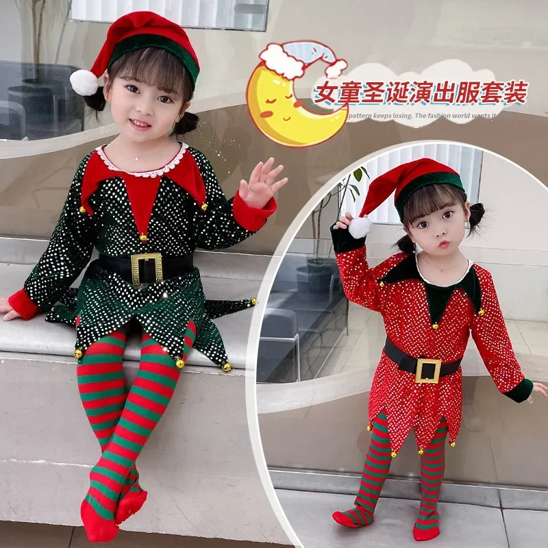 子供のための緑のマンタクラウコスチューム、帽子付きのelfスーツセット、ファンシーなクリスマスパーティードレス、子供のためのパフォーマンスコスチューム、新しい年、2023