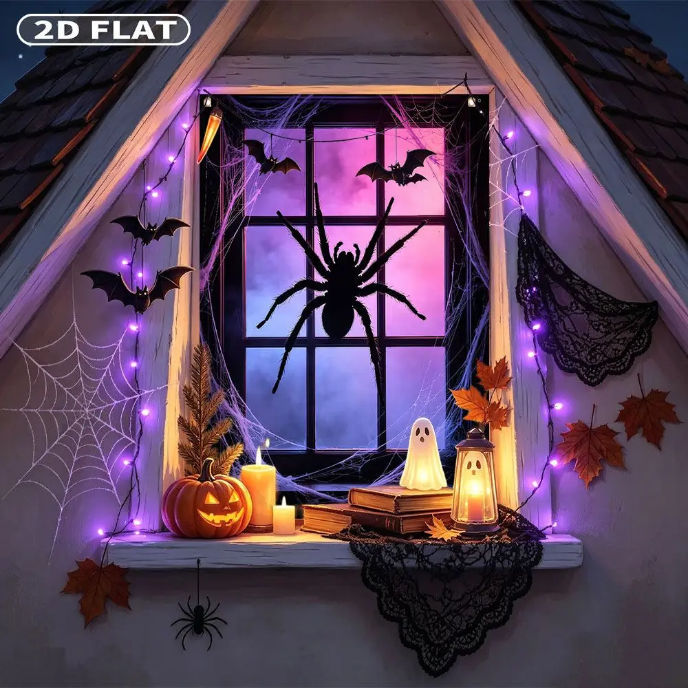 2D FLAT 1pc Party Window Cover Banner, with Giant Spider Silhouette On Purple Window With Cobwebs, No Power Need Home Decor