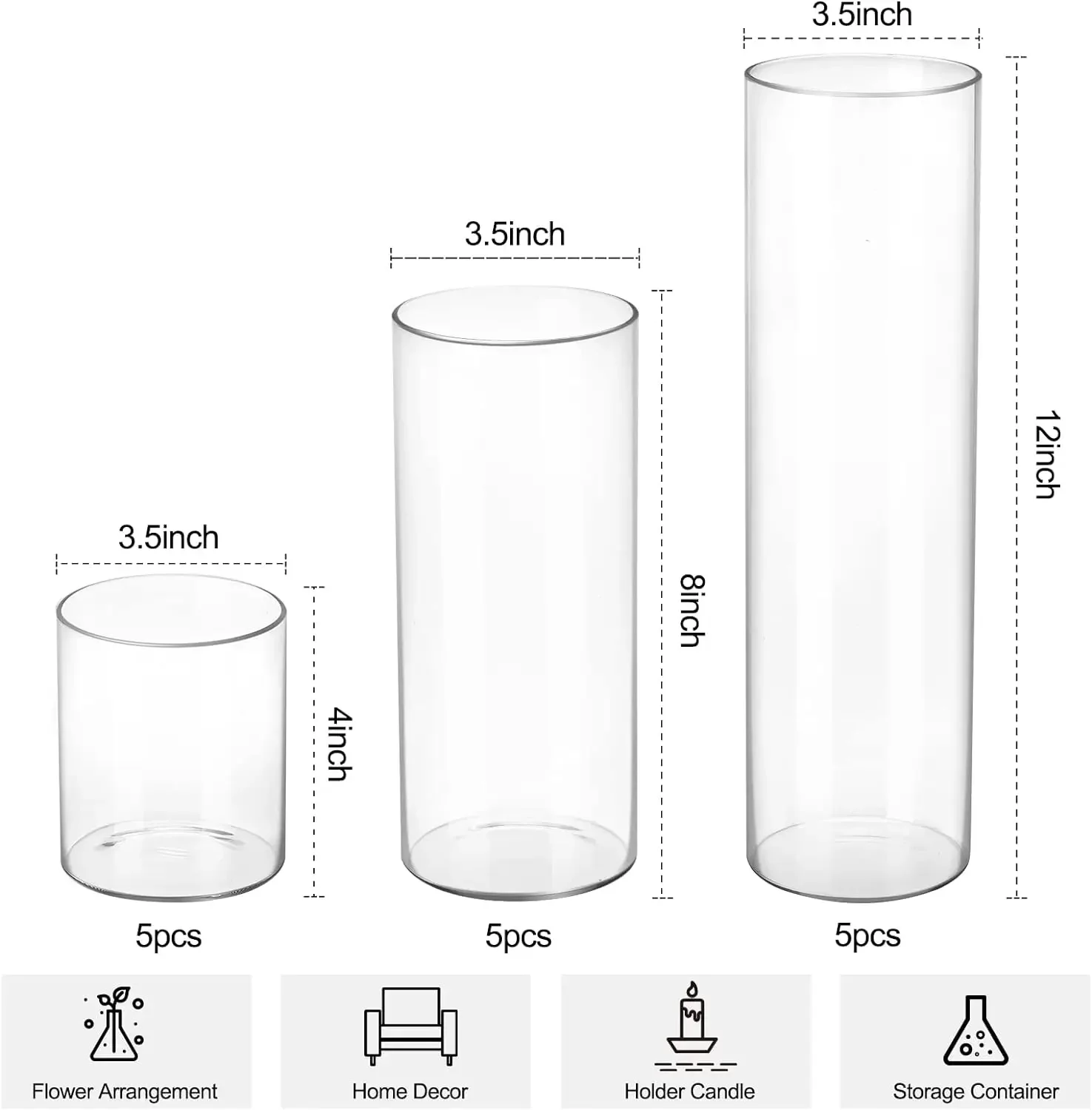 15pcs Glass Cylinder Vase Hurricane Candle Holder Clear 3 Different Sizes Tall Clear Vases for Wedding Centerpieces Glass