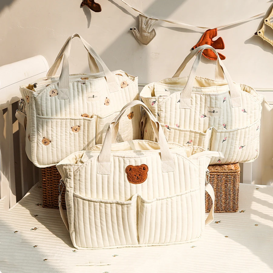 Mummy Bag With Bear Embroidery, Large Capacity Lightweight Tote_voghion.com
