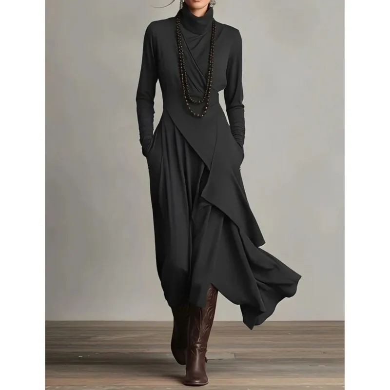 Mode Vintage Asymmetrische Jurk voor Dames Lange Mouw Onregelmatige Patchwork Zak Effen Coltrui Herfst Dames Lange Jurken