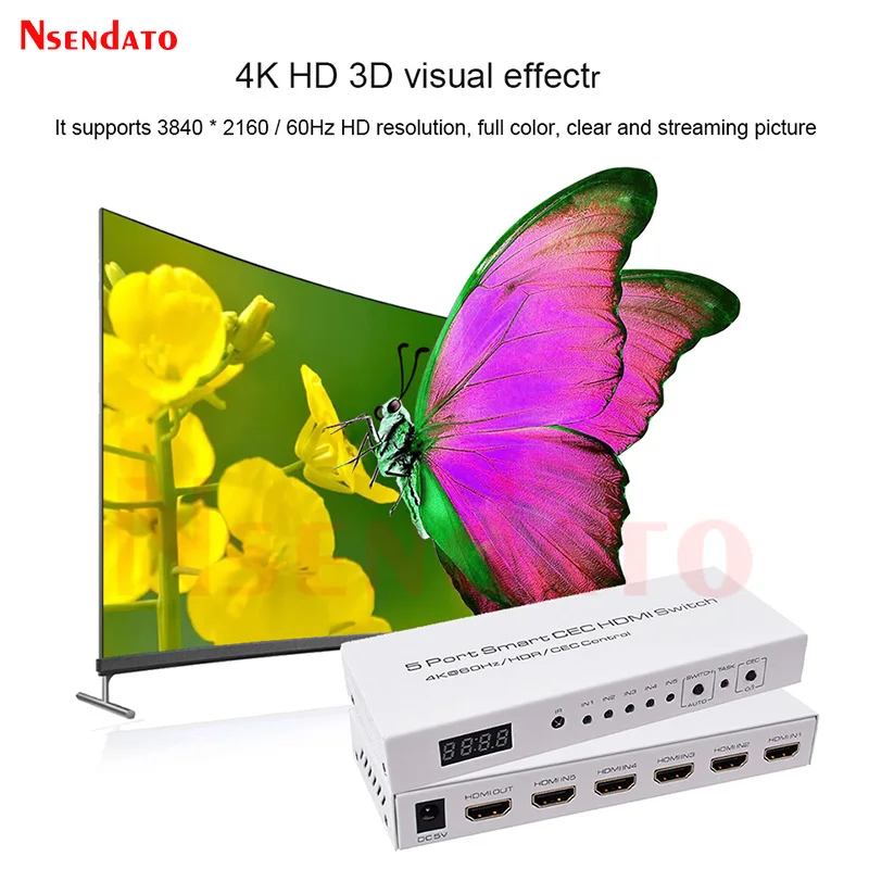 5 Port Smart CEC HDMI Switch 4K 60Hz 18 Gbps 5x1 HDR HDMI Adapter Switcher With IR Romote for Dolby DTS HD LPCM HDTV PS4