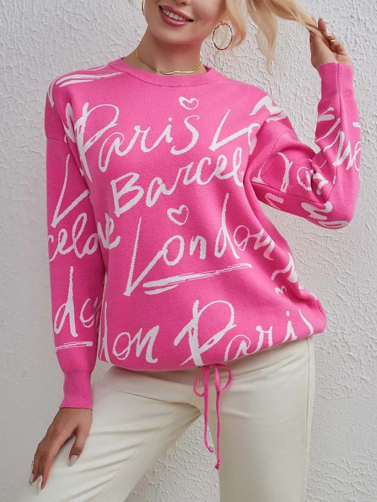 

Letter Print Sweater Women Fashion Sweet Pink Knitted Pullover Female Autumn Winter Casual O Neck Long Sleeve Lace Up Jumper