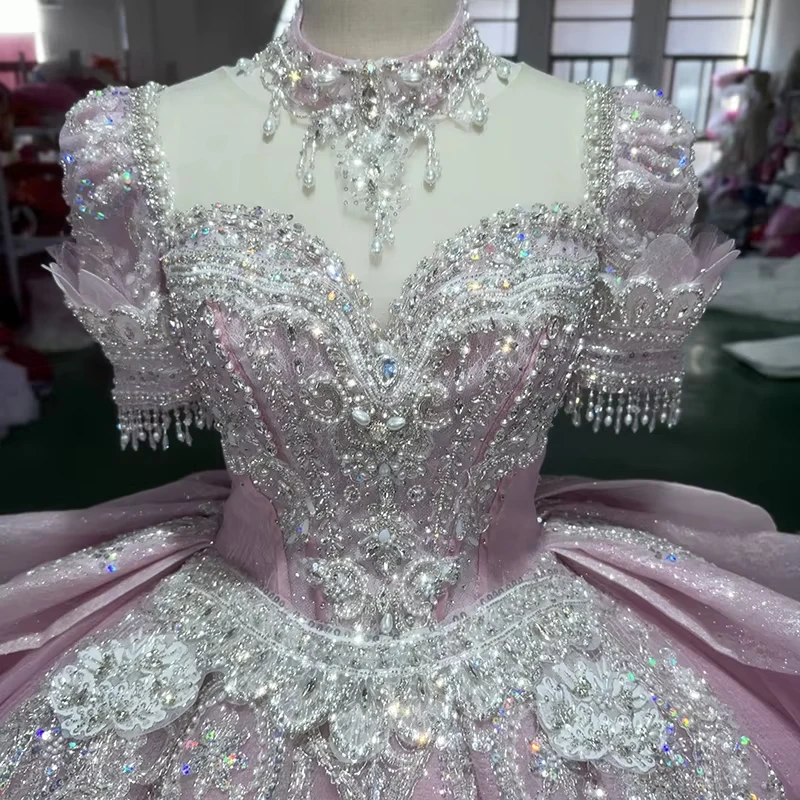 Robe de soirée longue rose pour femmes, manches courtes, col rond, broderie de cristaux, perles, trou de serrure au dos, pour Occasions spéciales