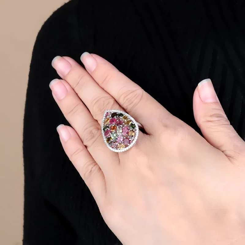 GEM'S BALLET 5.21Ct Colorful Natural Tourmaline Gemstone Ring Solid 925 Sterling Silver Gemstone Fashion Jewelry For Women