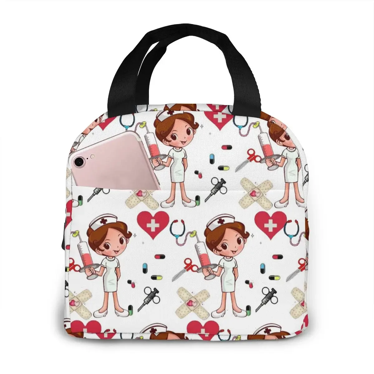 Portable Lunch Bag Cartoon Nurse Pattern Thermal Insulated Lunch Tote Cooler Handbag Bento Pouch Container School Food Bags