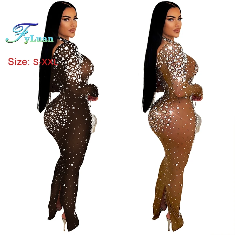 European American Fashionable Rhinestones Fashion Sexy Slim Women's Long Dress Nightclub Evening Birthday Floor-Length Prom Gown