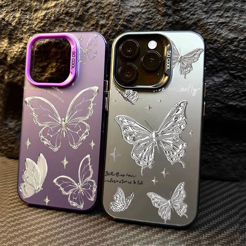 Luxury Laser Silver Gold Butterfly Matte Phone Case For iPhone 16 15 14 Pro Max 13 12 11 XS X XR 7 8 16 Plus SE 2020 2022 Cover