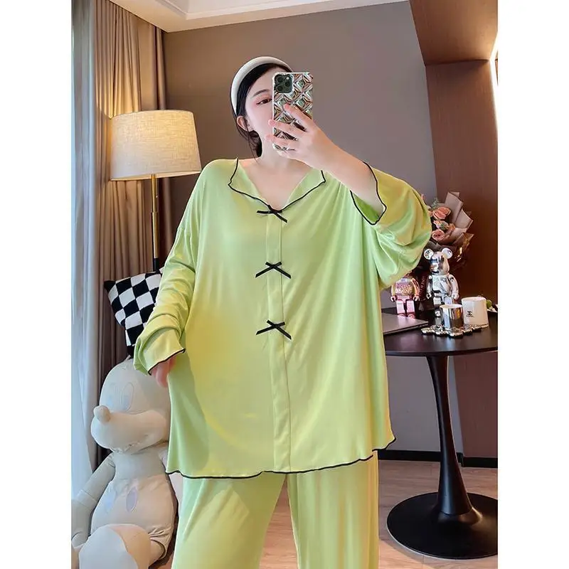 Large Size 4XL 150KG Spring Women 2pcs Pajama Sets Pyjama Sleepwear Long Sleeve Large Size Full Sleepwear Clothess Sleep Tops