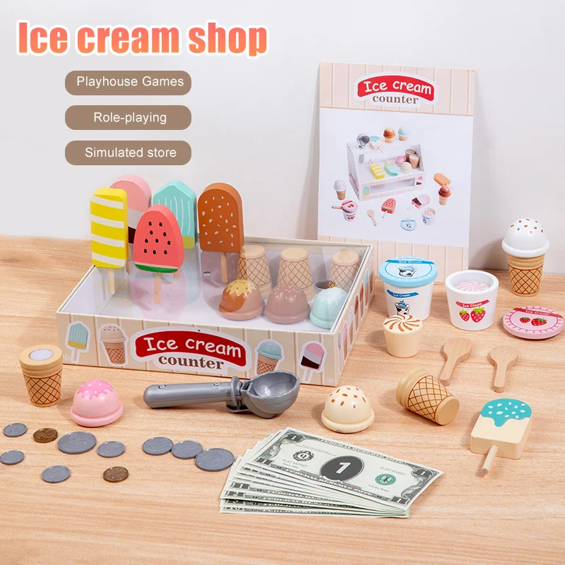 

Ice Cream Counter Playset For Kids Montessori Pretend Play Food Toys Kitchen Accessories With Coin Role Play For Kids Girls Boys