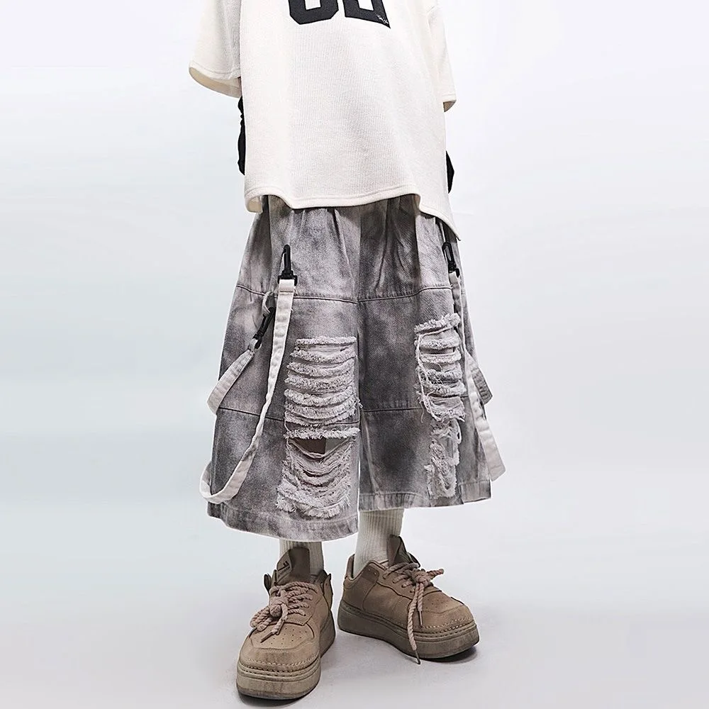 ARENS Ripped Hole Denim Shorts Mens Streetwear Hip Hop Knee Length Pants Harajuku Vintage Baggy Casual Wide-leg Jeans Short Male