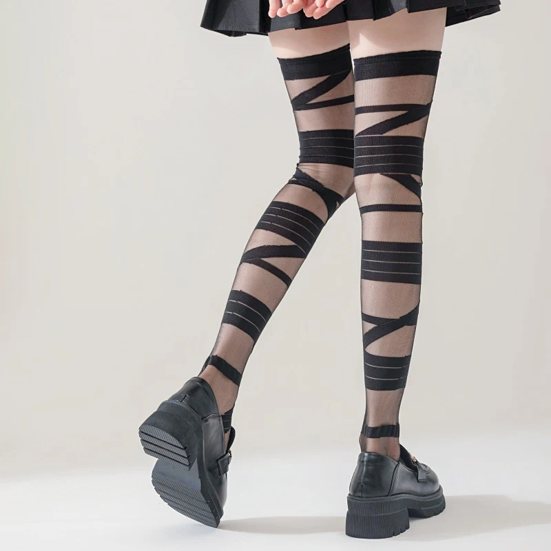 1Pair White Bandage Glass Wool Transparent Knee Stockings Women Japanese Lolita Summer Cross Straps Sexy Piles Of White Sock