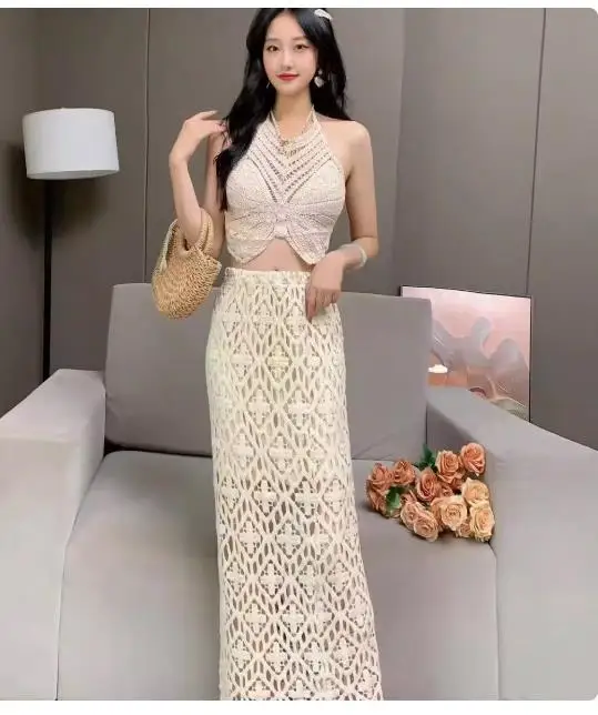 

hook flower hollow out skirts women long beach skirts sets