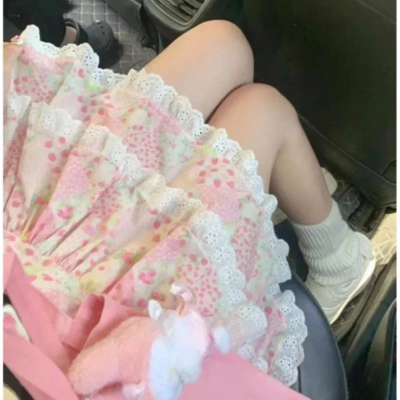 

Japanese Kawaii Skirts Women 2000s Vintage Y2k Clothing Pink A-line Slim Lolita Mini Skirts Sweet High Waist Lace Outfits Summer