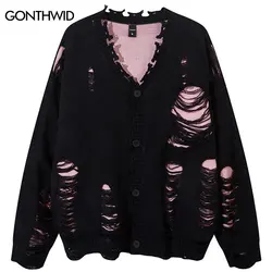 Maglione Hip Hop Cardigan cappotto Grunge Vintage strappato fori maglione lavorato a maglia Streetwear uomo Harajuku Punk gotico maglioni oversize