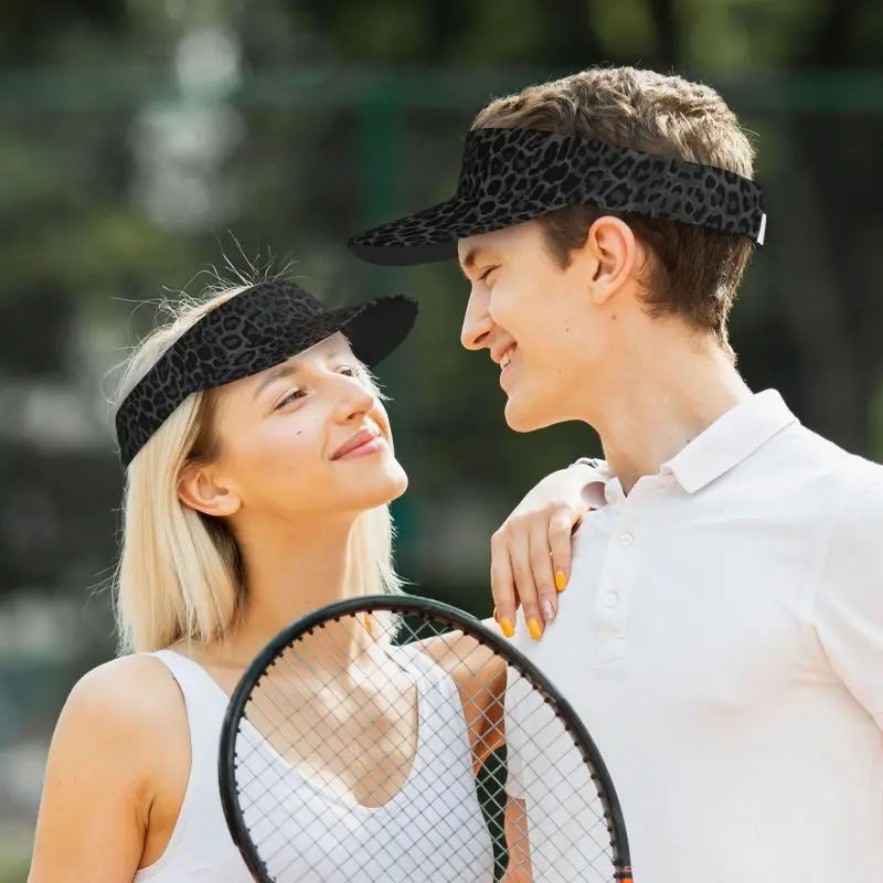 Black Leopard Print Sports Sun Visor Hats Men Women Lightweight Packable Cooling Empty Top Visor Hat for Running Tennis Golf view 5