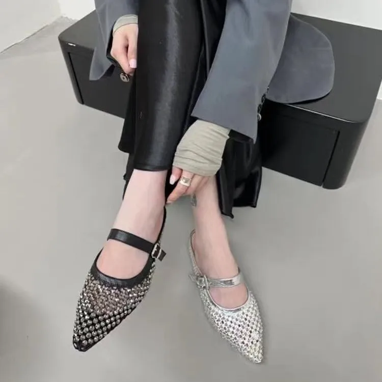 Women's Sandals Breathable Fishnet Rhinestone Buckle Strap Ballet Flats Dressy Summer Retro Pointed-toe Outerwear Muller Shoes