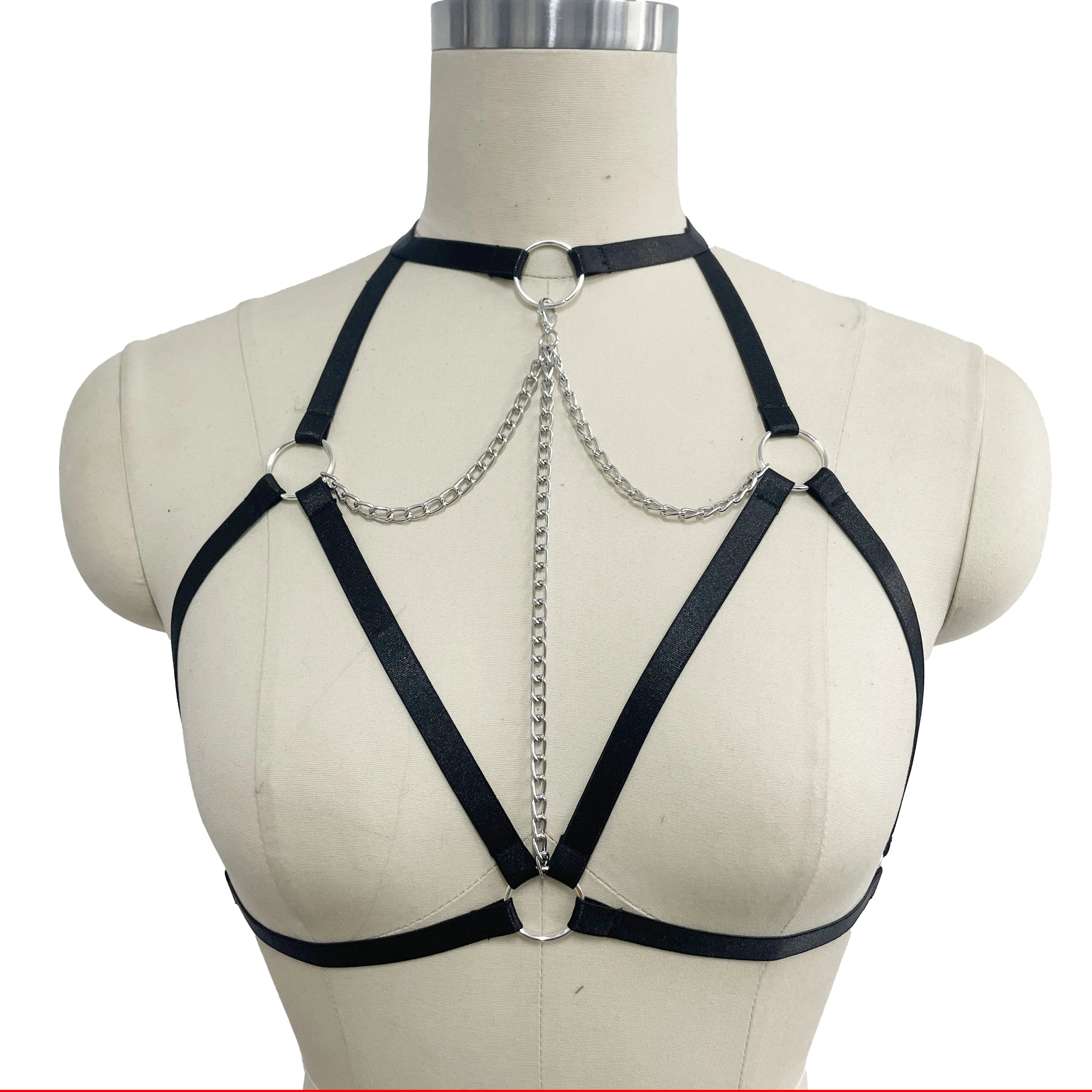 

Goth Underwear Silver Chain Elastic Adjustable Black Sexy Lingerie Top Hharness Cage Bra Strap Body Harness Suspender Belt